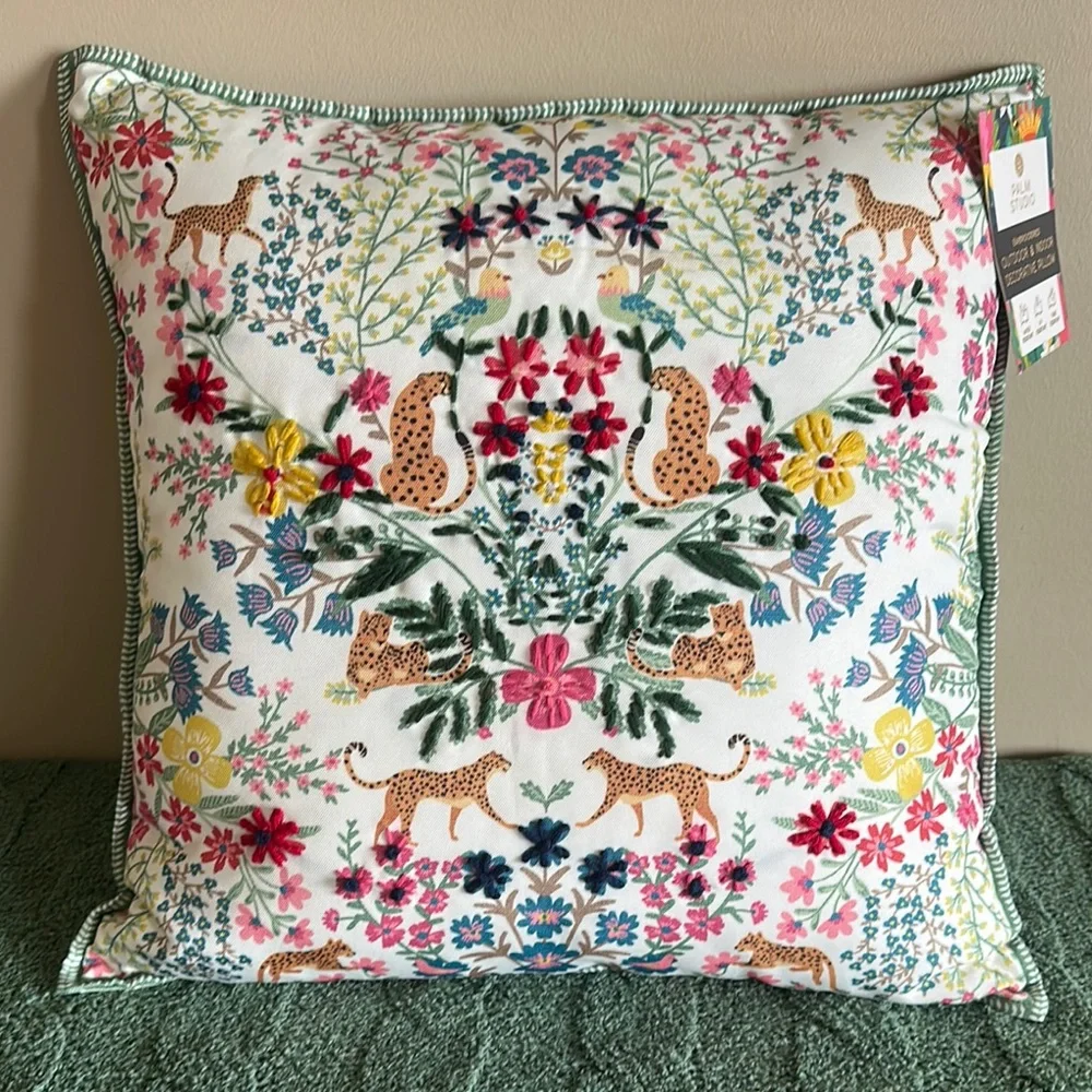 Palm Studio Outdoor Indoor Pillow Cheetah 🐆 Leopard Floral Embroidered NEW!